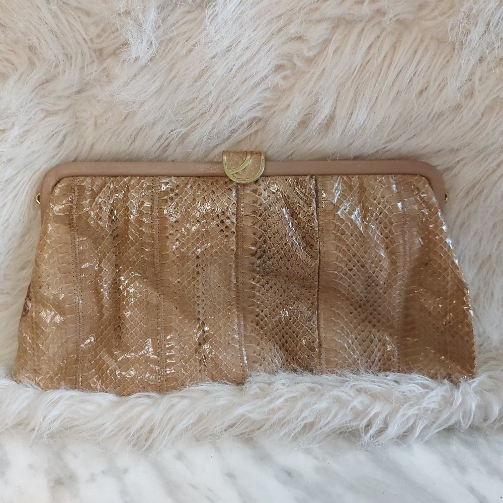 Vintage Jane Shilton Tan Genuine Snake Leather Clutch Made in England